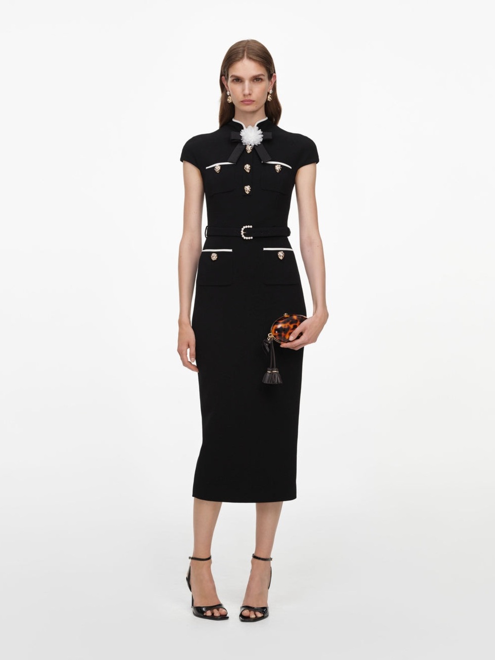 NWOT Self-Portrait Black Wool Crepe Midi Dress, Size US 2/4/6